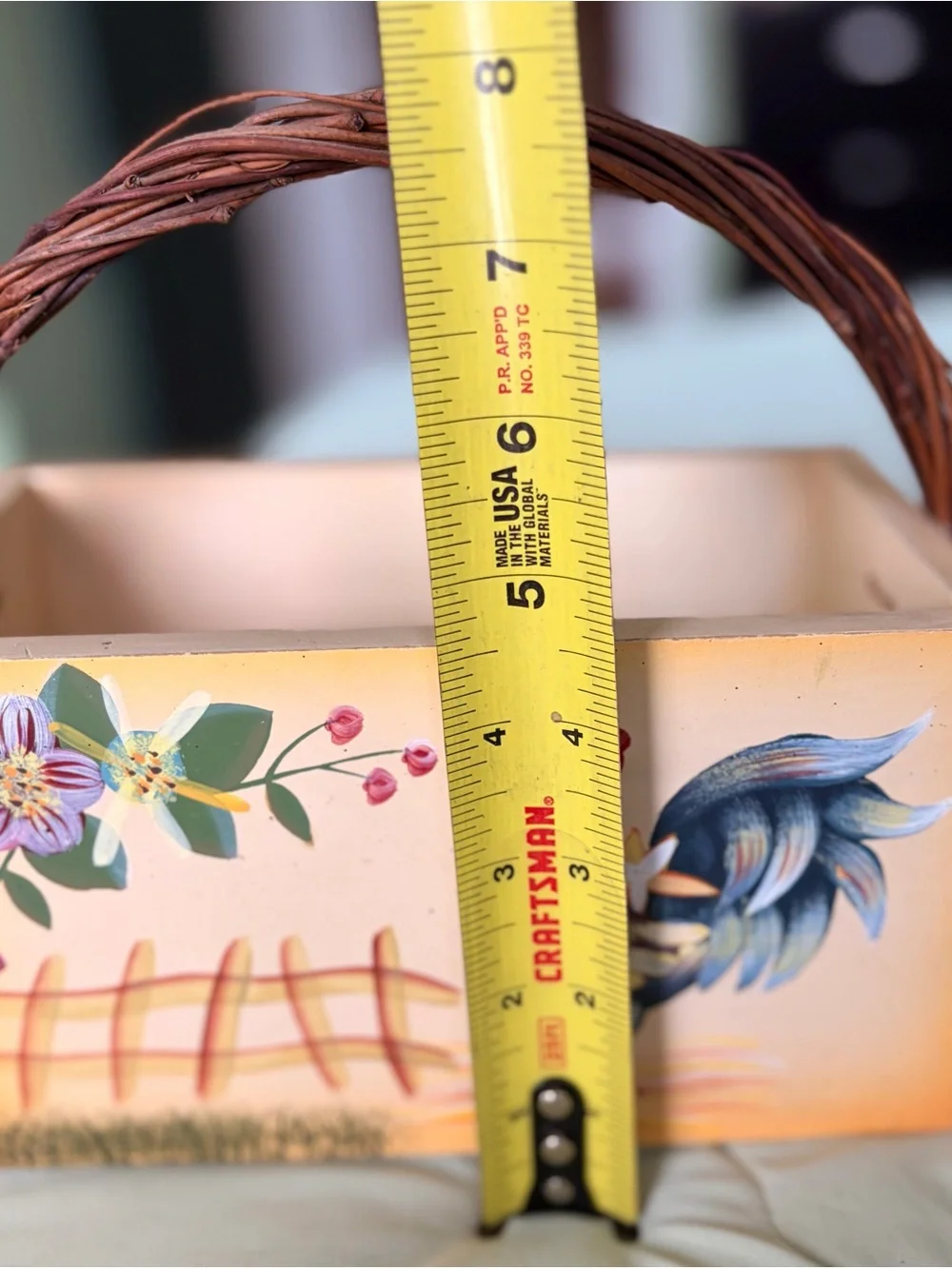 Vintage Hand-Painted Rooster Rectangular Storage Bin Basket Eith Woven Handle